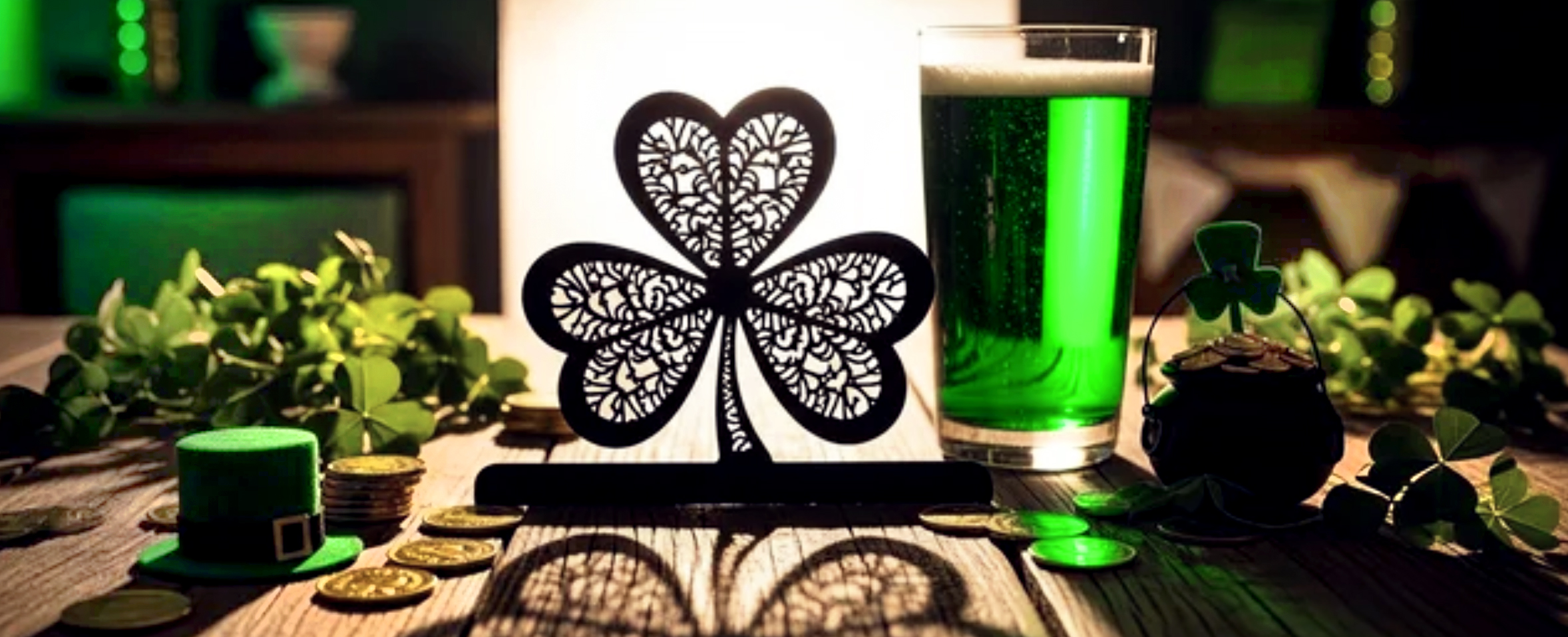 An illustration of a table with green beer and a shamrock